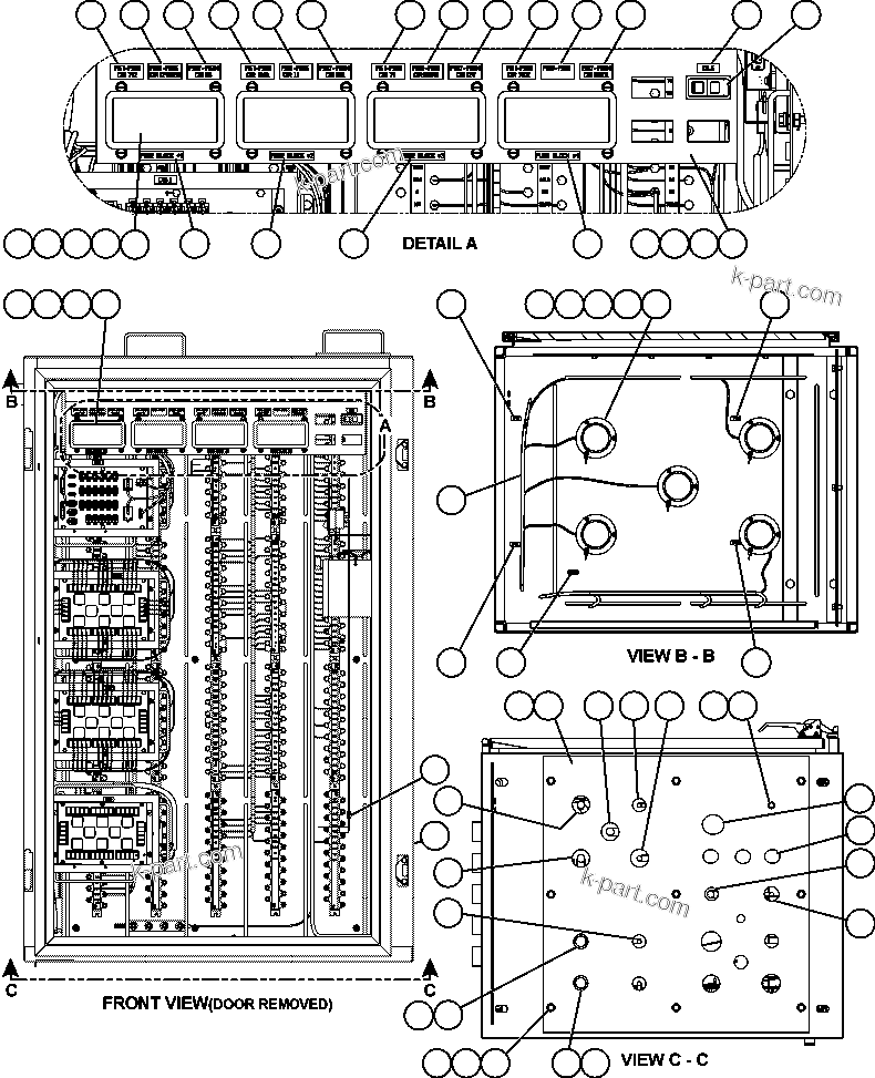 Komatsu parts book diagram for AFE57-AT 830E-1AC S/N A30182, A30186-A30187, A30191-A30193      CARDINAL RIVER / NORTH AMERICAN CONSTRUCTION: AUXILIARY CONTROL CABINET COMPONENTS - FRONT VIEW
