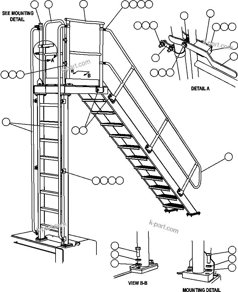 Komatsu parts book diagram for AFE57-AV 830E-1AC S/N A30194 - A30195    YANDICOOGINA: R.H. & DIAGONAL LADDER HANDRAILS