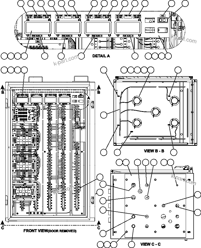 Komatsu parts book diagram for AFE57-C 830E-AC S/N A30005 & A30009-A30010 & A30012-A30013         MINERA HUASCO (CMH): AUXILIARY CONTROL CABINET COMPONENTS - FRONT VIEW