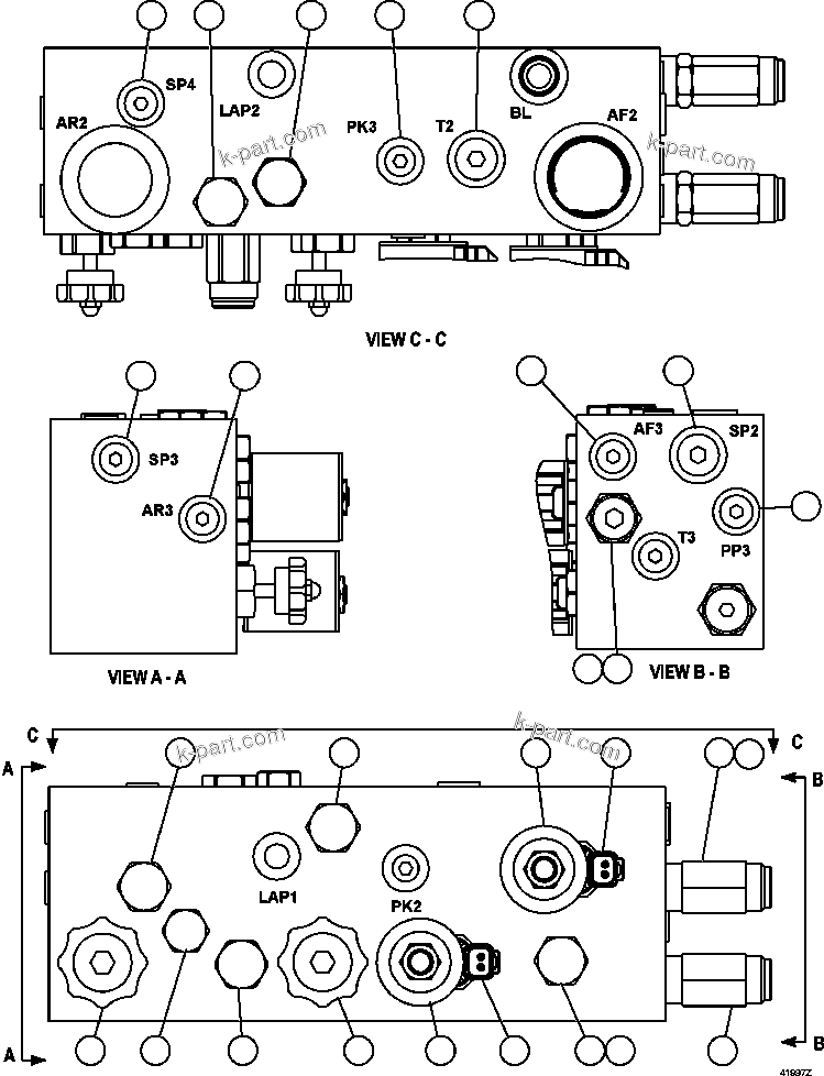Komatsu parts book diagram for AFE57-CB 830E-1AC S/N A30340 - A30343     FELIX RESOURCES: BRAKE MANIFOLD - TWO CIRCUIT (PC1995)