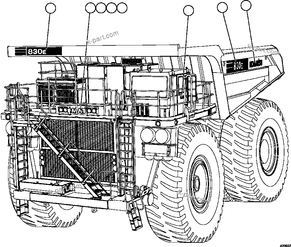 Komatsu parts book diagram for AFE57-CV 830E-1AC S/N A30461 - A30463 & A30470 - A30472     BARRICK BALD MOUNTAIN: DECALS & WARNINGS ( 5/5)