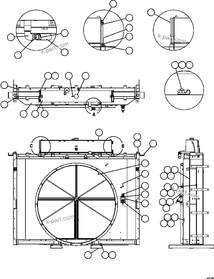 Komatsu parts book diagram for AFE57-CV 830E-1AC S/N A30461 - A30463 & A30470 - A30472     BARRICK BALD MOUNTAIN: RADIATOR & SHROUD ASSEMBLY (PC1956)