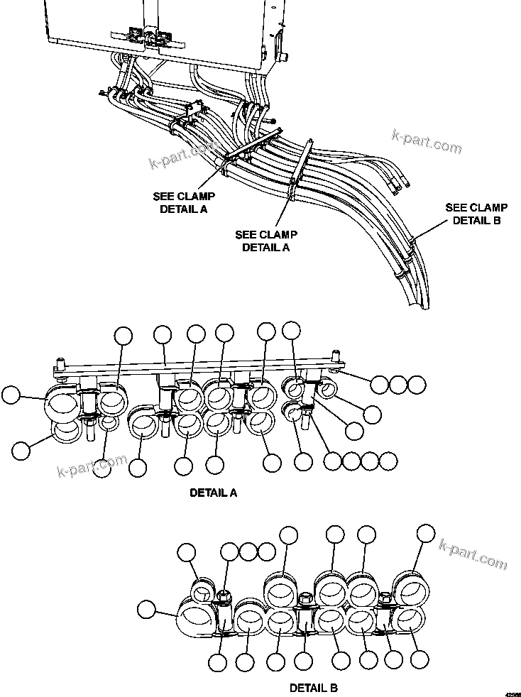 Komatsu parts book diagram for AFE57-CV 830E-1AC S/N A30461 - A30463 & A30470 - A30472     BARRICK BALD MOUNTAIN: LH DECK PIPING ( 2/3)