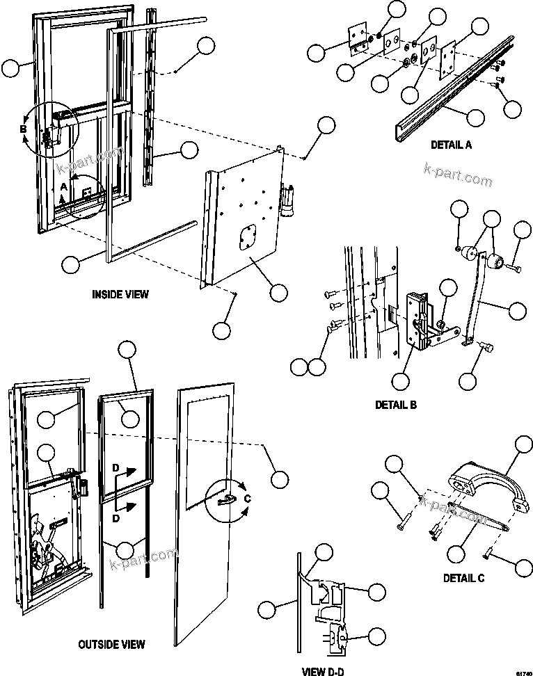 Komatsu parts book diagram for AFE57-FV 830E-1AC S/N A30732 - A30734, A30758 & A30762 - A30763 CLERMONT: DOOR - R.H.                   EM0049