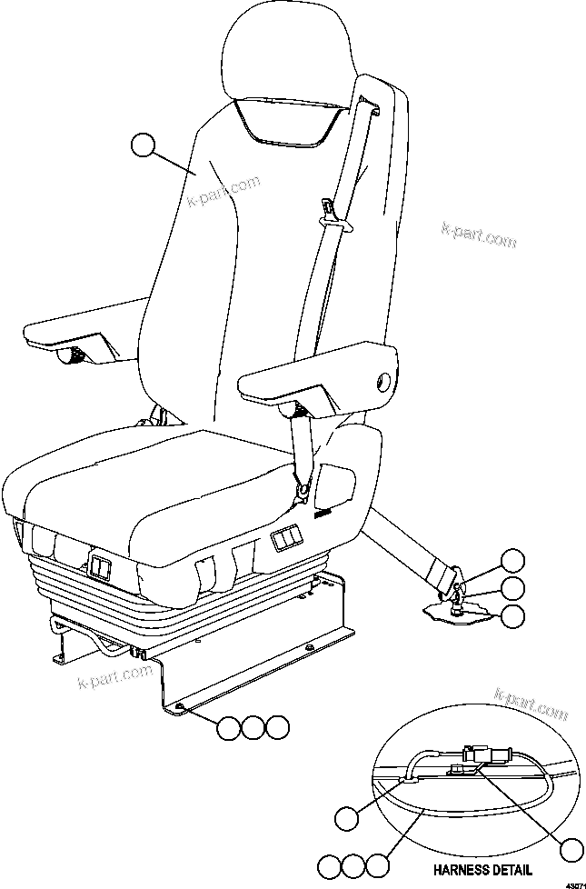 Komatsu parts book diagram for AFE57-FV 830E-1AC S/N A30732 - A30734, A30758 & A30762 - A30763 CLERMONT: OPERATOR'S SEAT INSTALLATION