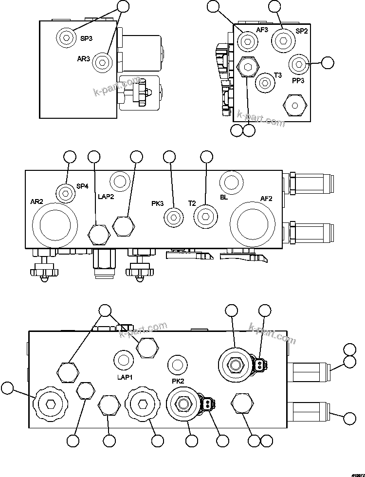 Komatsu parts book diagram for AFE57-FV 830E-1AC S/N A30732 - A30734, A30758 & A30762 - A30763 CLERMONT: BRAKE MANIFOLD - TWO CIRCUIT    PC1995