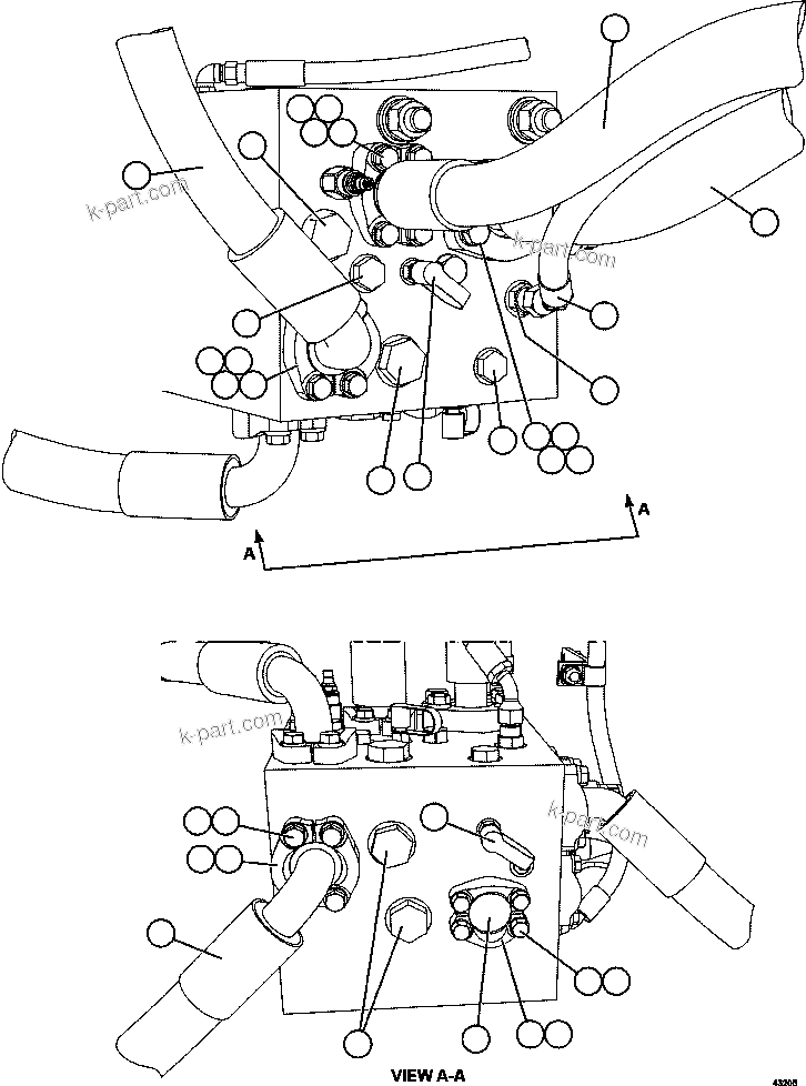 Komatsu parts book diagram for AFE57-FV 830E-1AC S/N A30732 - A30734, A30758 & A30762 - A30763 CLERMONT: BLEEDDOWN MANIFOLD PIPING  3/4