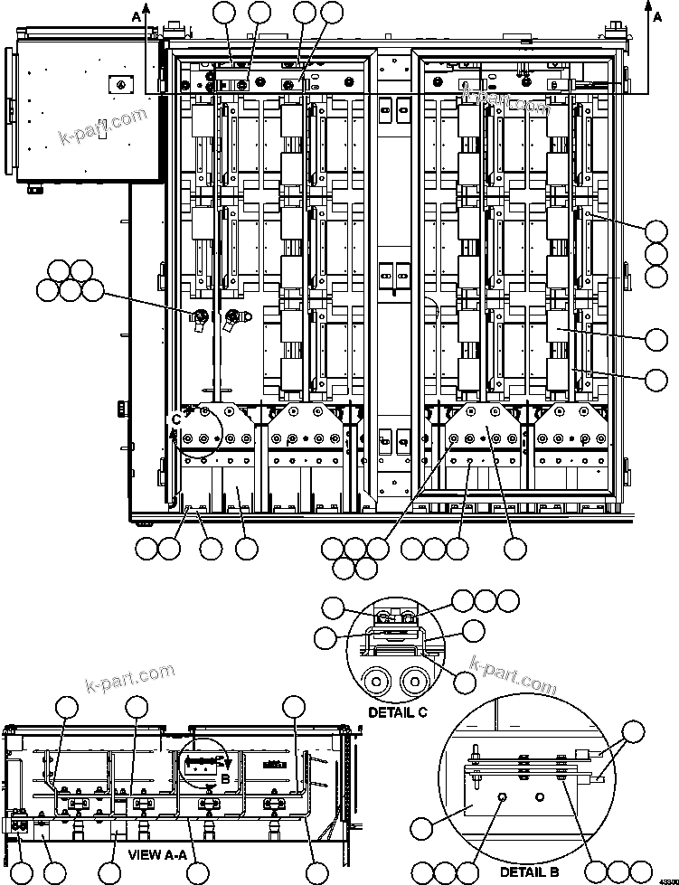 Komatsu parts book diagram for AFE57-FV 830E-1AC S/N A30732 - A30734, A30758 & A30762 - A30763 CLERMONT: CONTROL CABINET - FRONT VIEW  58E-43-00020
