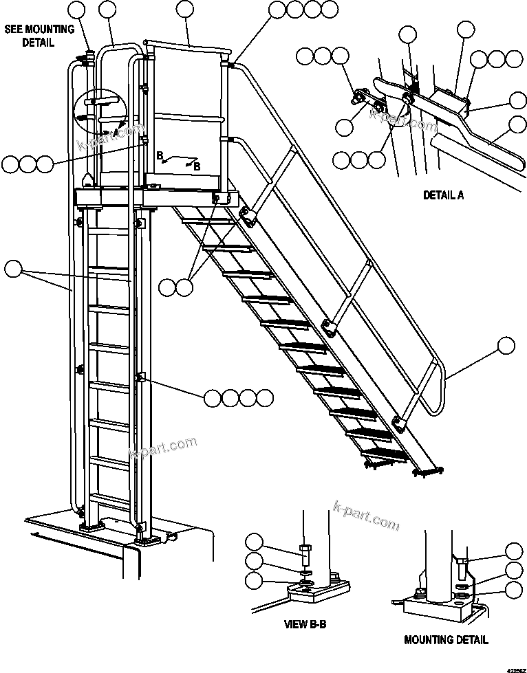 Komatsu parts book diagram for AFE57-FW 830E-1AC S/N A30761  WABUSH: RH & DIAGONAL LADDER HANDRAILS