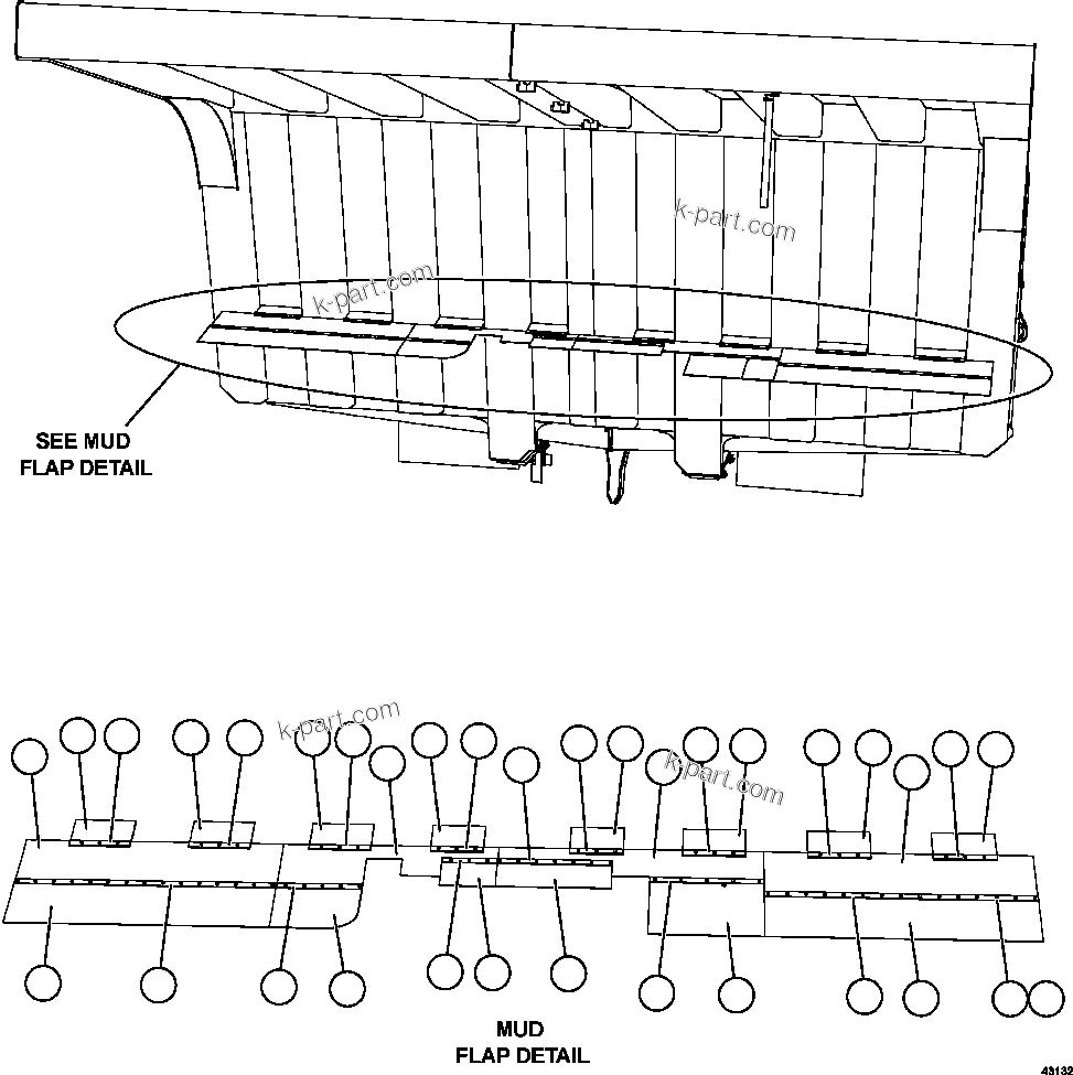 Komatsu parts book diagram for AFE57-FW 830E-1AC S/N A30761  WABUSH: BODY MUDFLAP INSTALLATION   1/2