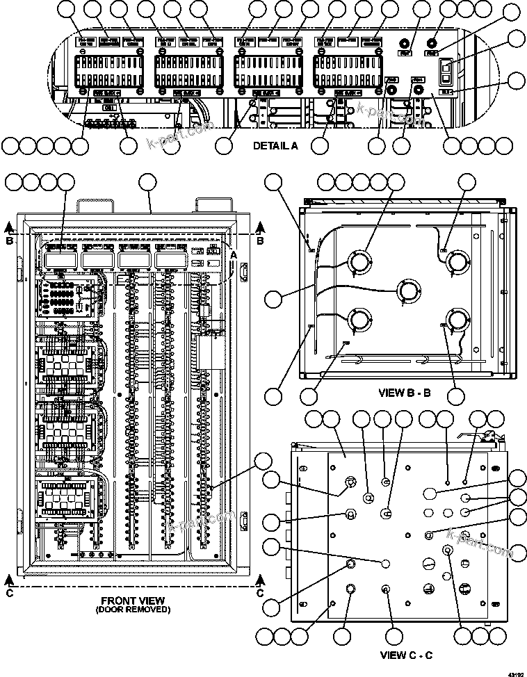 Komatsu parts book diagram for AFE57-FW 830E-1AC S/N A30761  WABUSH: AUXILIARY CONTROL CABINET COMPONENTS - FRONT VIEW