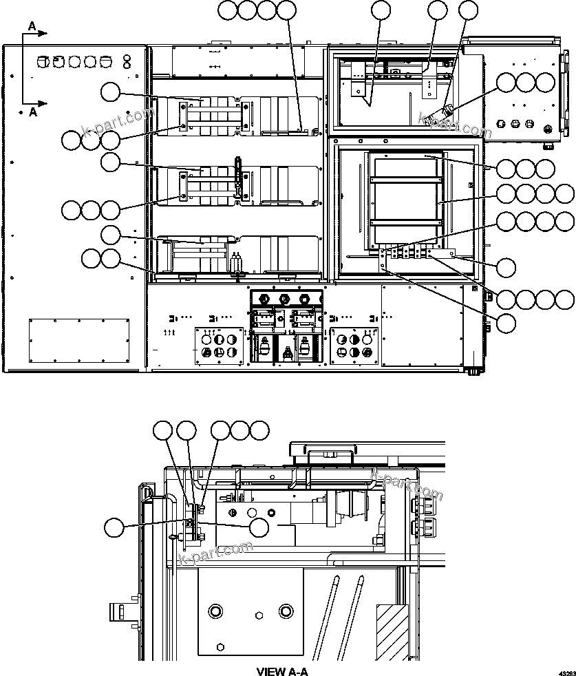 Komatsu parts book diagram for AFE57-FW 830E-1AC S/N A30761  WABUSH: CONTROL CABINET - REAR VIEW   58E-43-00020