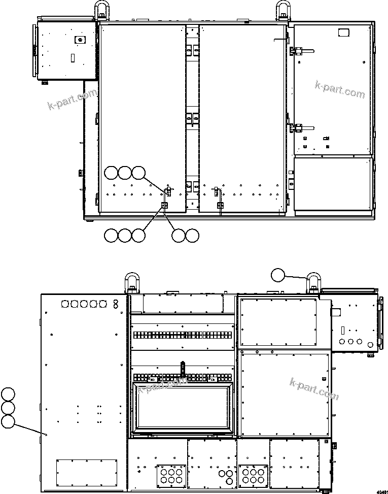 Komatsu parts book diagram for AFE57-FW 830E-1AC S/N A30761  WABUSH: CTRL CABINET - FRONT & REAR EXTERIOR  58E-43-00020