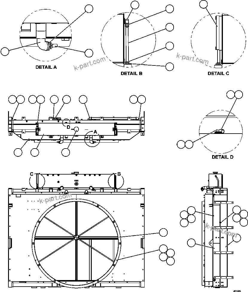 Komatsu parts book diagram for AFE57-GH 830E-1AC S/N A30822 - A30823 & A30831 - A30833 KONKOLA COPPER: RADIATOR & SHROUD ASSEMBLY     PC2616