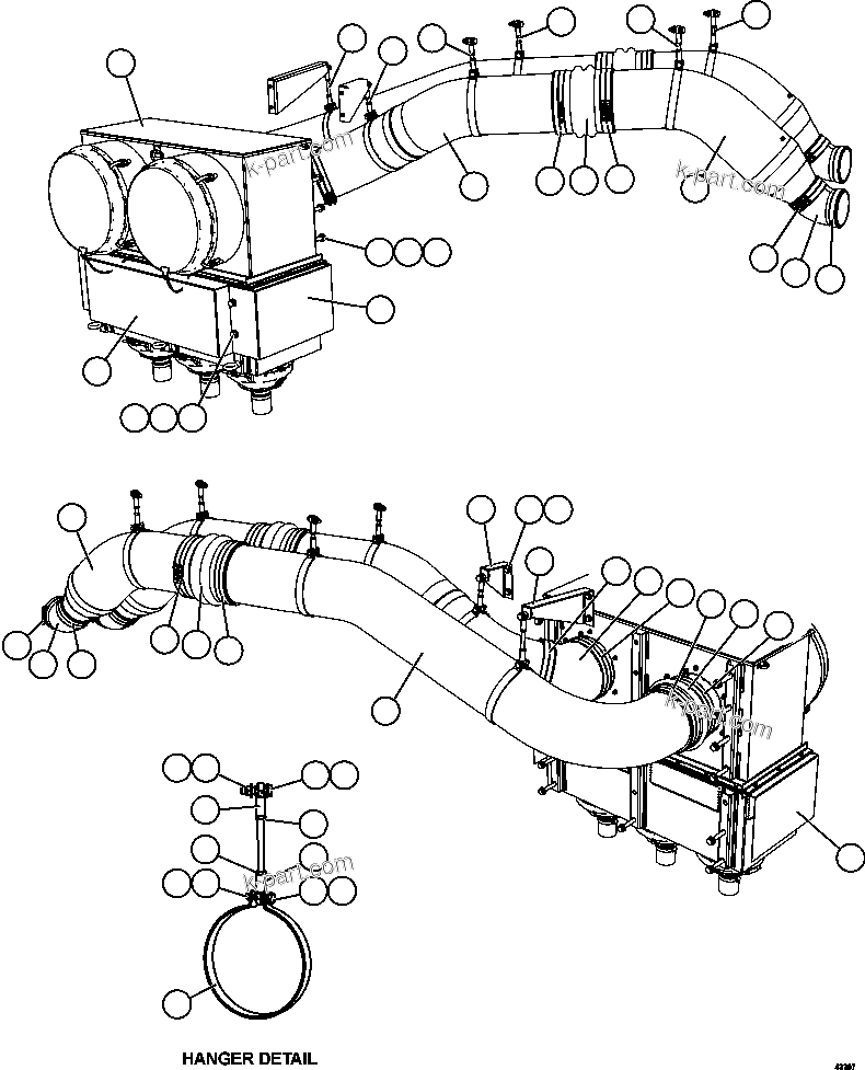 Komatsu parts book diagram for AFE57-GH 830E-1AC S/N A30822 - A30823 & A30831 - A30833 KONKOLA COPPER: RH AIR CLEANER PIPING