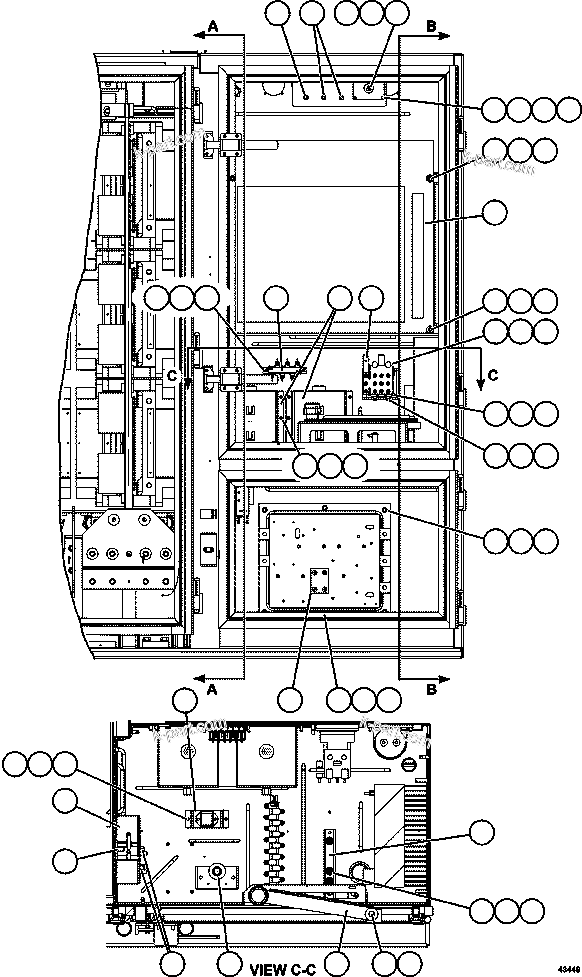 Komatsu parts book diagram for AFE57-GH 830E-1AC S/N A30822 - A30823 & A30831 - A30833 KONKOLA COPPER: CTRL CABINET - LEFT COMPARTMENT  1/2  58E-43-00020