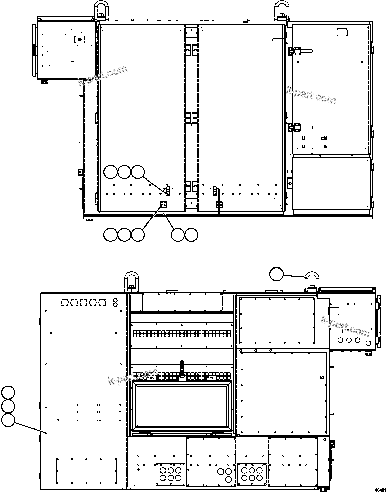Komatsu parts book diagram for AFE57-GH 830E-1AC S/N A30822 - A30823 & A30831 - A30833 KONKOLA COPPER: CTRL CABINET - FRONT & REAR EXTERIOR  58E-43-00020