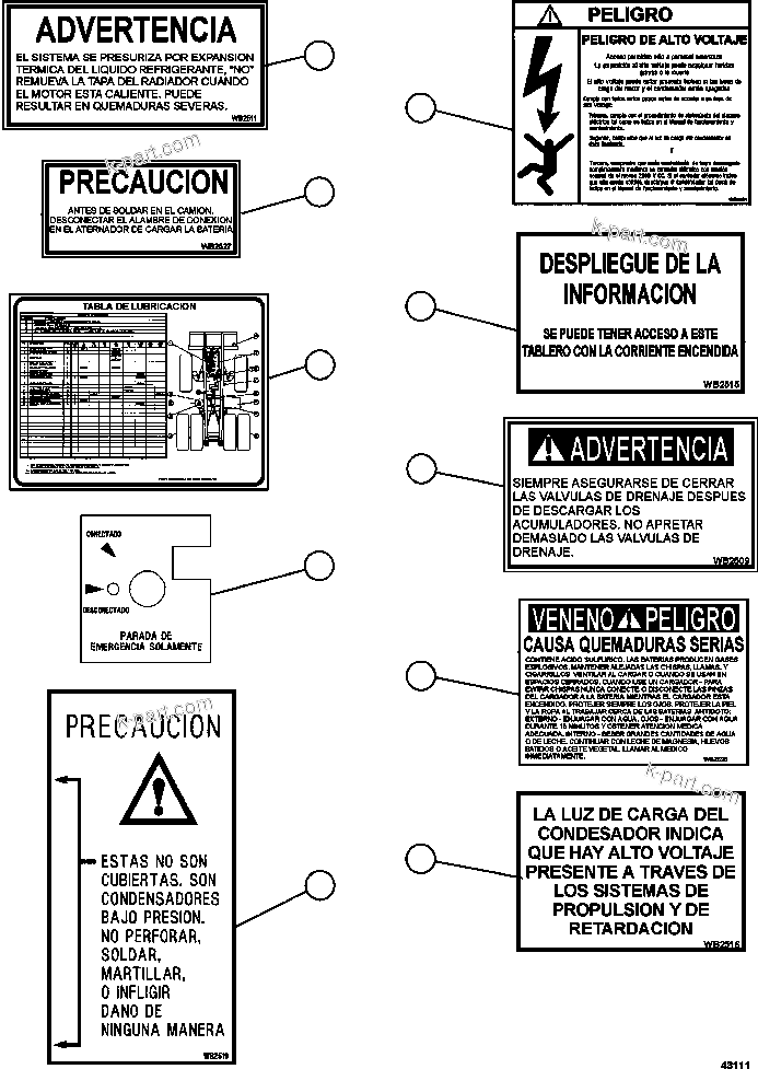 Komatsu parts book diagram for AFE57-GU 830E-1AC S/N A40884 - A40887 & A40895 - A40899  MANTOS BLANCOS: DECALS & WARNINGS (SPANISH)     2/5