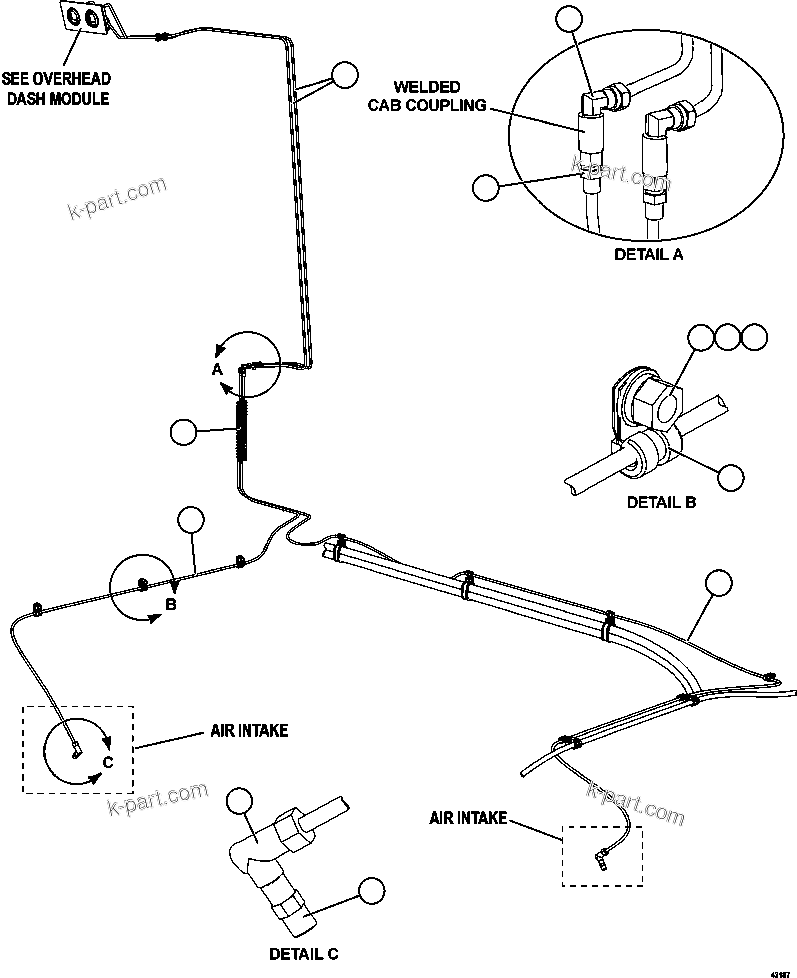 Komatsu parts book diagram for AFE57-GU 830E-1AC S/N A40884 - A40887 & A40895 - A40899  MANTOS BLANCOS: AIR CLEANER INDICATOR PIPING