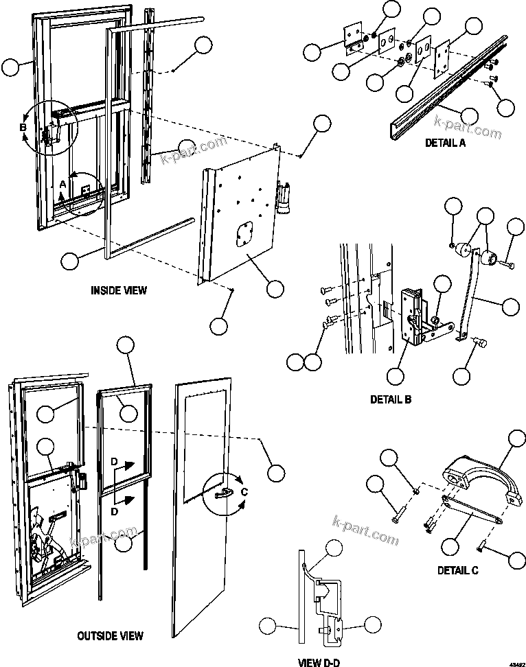 Komatsu parts book diagram for AFE57-GU 830E-1AC S/N A40884 - A40887 & A40895 - A40899  MANTOS BLANCOS: DOOR - RH                   58E-54-10090