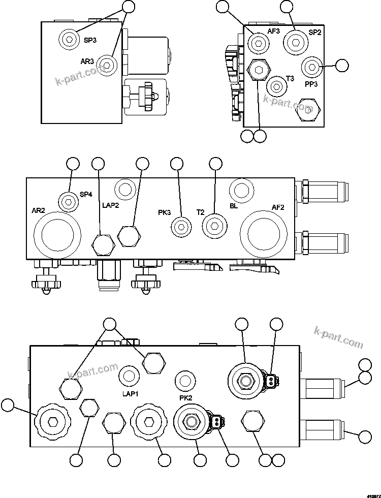Komatsu parts book diagram for AFE57-GU 830E-1AC S/N A40884 - A40887 & A40895 - A40899  MANTOS BLANCOS: BRAKE MANIFOLD - TWO CIRCUIT    PC1995
