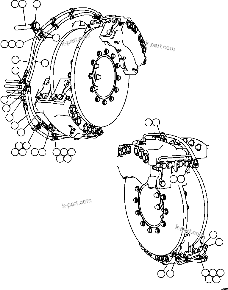 Komatsu parts book diagram for AFE57-GU 830E-1AC S/N A40884 - A40887 & A40895 - A40899  MANTOS BLANCOS: REAR DISC & PARKING BRAKE PIPING