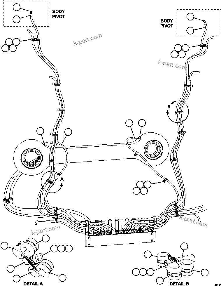 Komatsu parts book diagram for AFE57-GU 830E-1AC S/N A40884 - A40887 & A40895 - A40899  MANTOS BLANCOS: AUTOMATIC LUBRICATION - SWAY BAR & BODY PIVOT