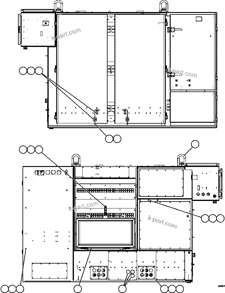 Komatsu parts book diagram for AFE57-GU 830E-1AC S/N A40884 - A40887 & A40895 - A40899  MANTOS BLANCOS: CTRL CABINET - FRONT & REAR EXTERIOR  58E-43-00021