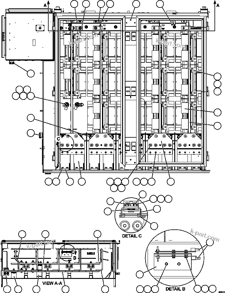 Komatsu parts book diagram for AFE57-HM 830E-1AC S/N A40953  UNITED TACONITE: CONTROL CABINET - FRONT VIEW    58E-43-00021