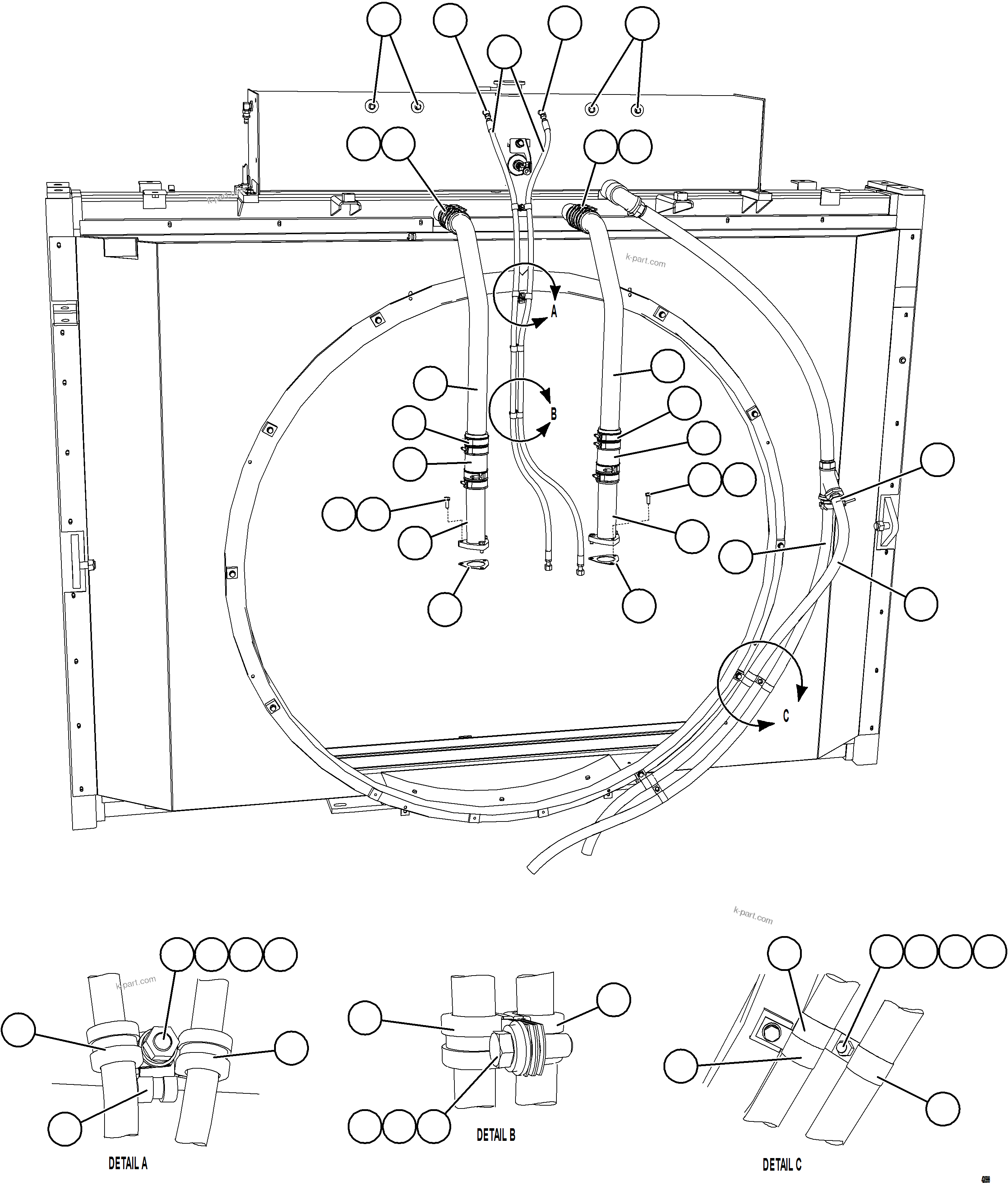 Komatsu parts book diagram for AFE57-HT 830E-1AC S/N A40966, A40987 & A40990 - A40992  SEVERSTAL: COOLING SYSTEM PIPING   1/3