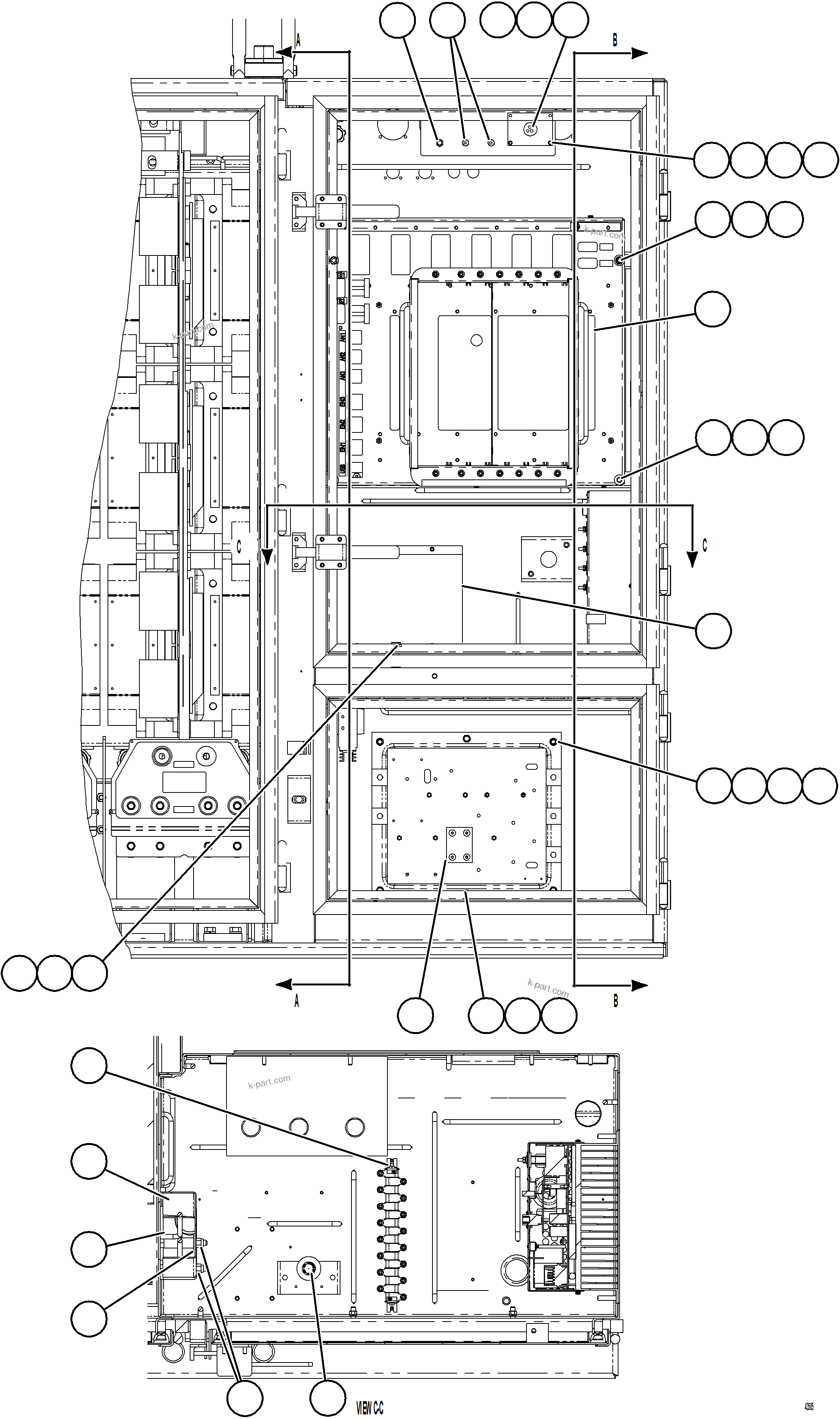 Komatsu parts book diagram for AFE57-HT 830E-1AC S/N A40966, A40987 & A40990 - A40992  SEVERSTAL: CTRL CABINET - LEFT COMPARTMENT  1/2  58E-43-00021
