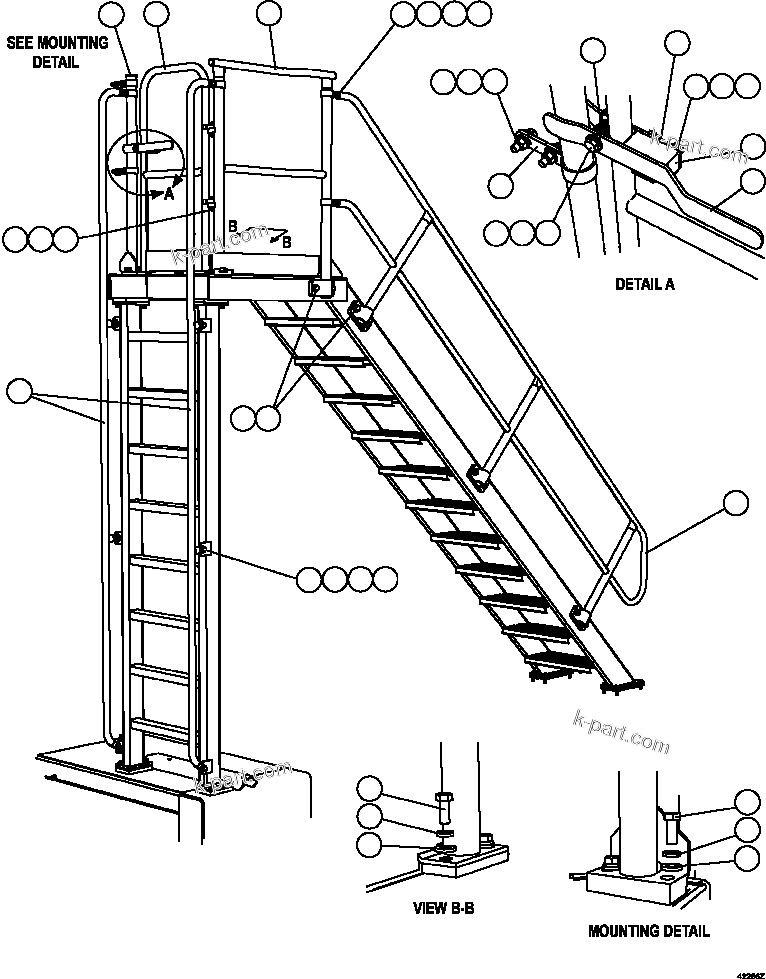 Komatsu parts book diagram for AFE57-JJ 830E-1AC S/N A41035 COLOWYO: RH & DIAGONAL LADDER HANDRAILS