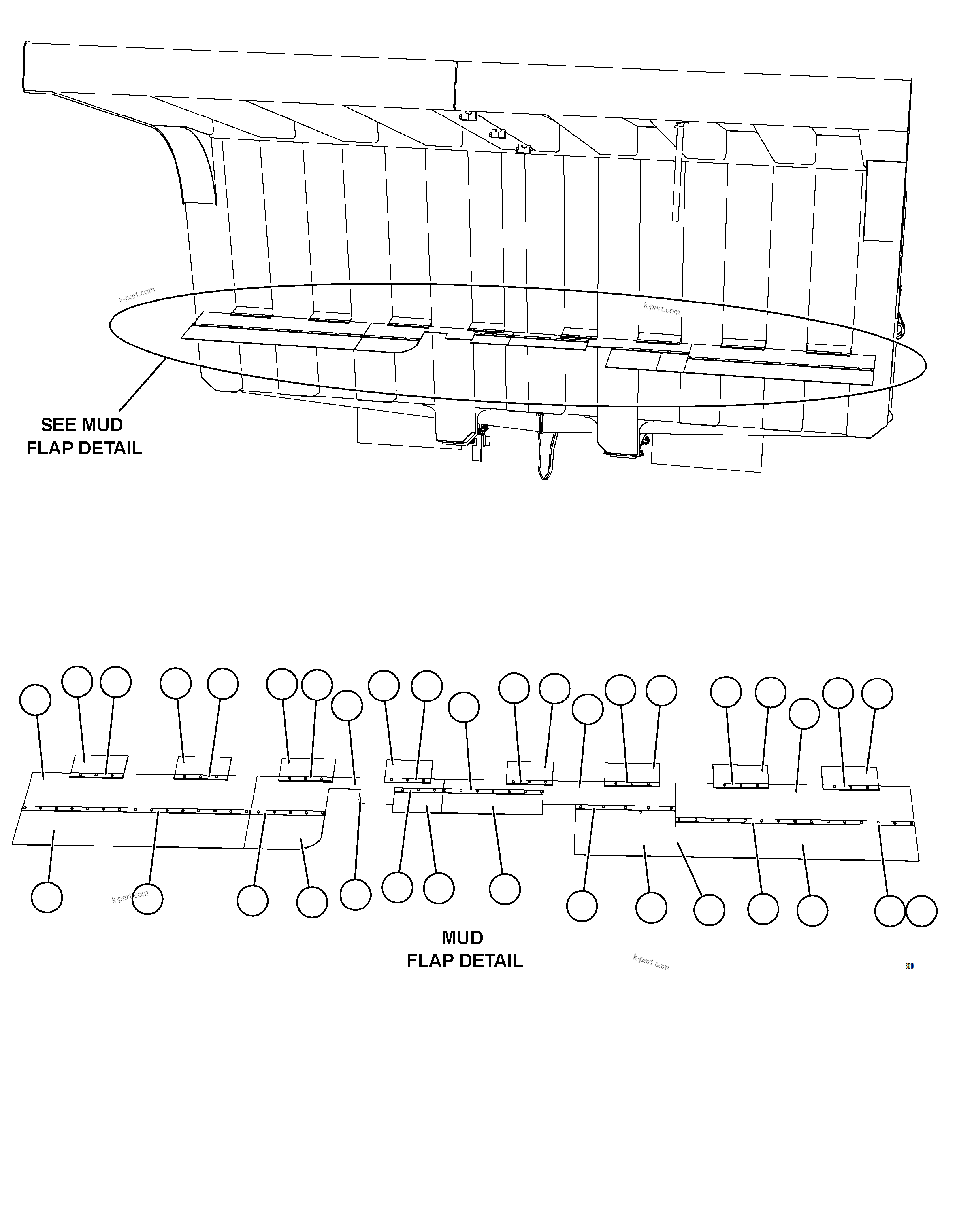 Komatsu parts book diagram for AFE57-JJ 830E-1AC S/N A41035 COLOWYO: BODY MUD FLAP INSTALLATION    1/2