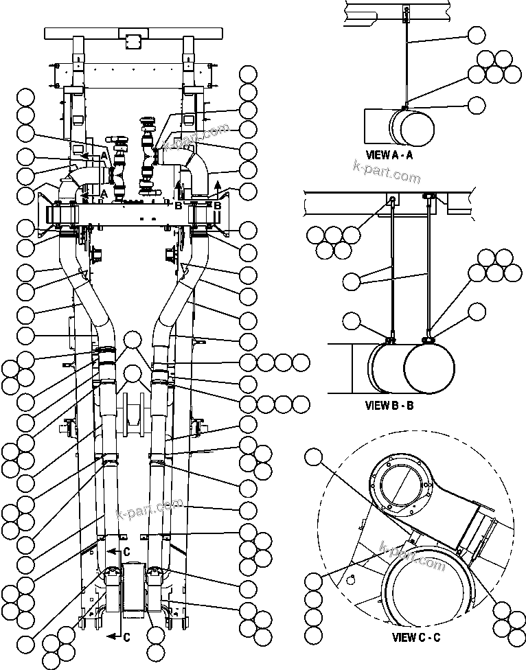 Komatsu parts book diagram for AFE57-X 830E-AC S/N A30101     HIBBING TACONITE: EXHAUST PIPING - MUFFLERS BETWEEN THE RAILS