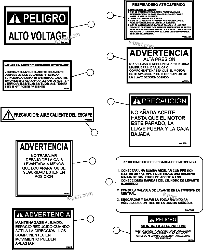 Komatsu parts book diagram for AFE59-A 930E-4 S/N A30465 - A30466    CODELCO GABY: DECALS & WARNINGS (SPANISH)