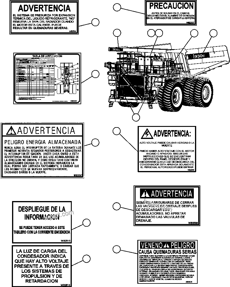 Komatsu parts book diagram for AFE59-A 930E-4 S/N A30465 - A30466    CODELCO GABY: DECALS & WARNINGS (SPANISH) - 1