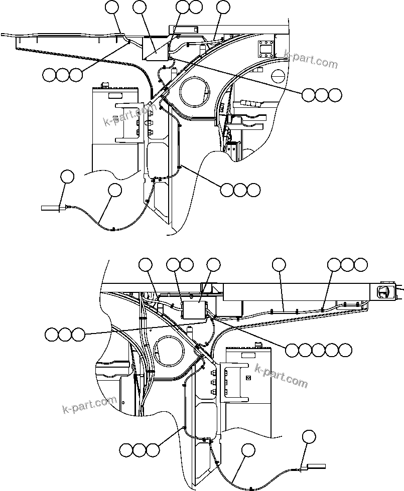 Komatsu parts book diagram for AFE59-A 930E-4 S/N A30465 - A30466    CODELCO GABY: POWER CABLE ROUTING (FRONT VIEW)