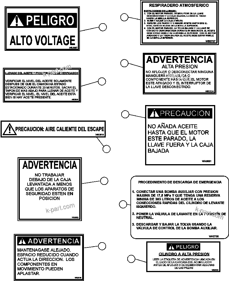 Komatsu parts book diagram for AFE59-BM 930E-4 S/N A30712 - A30714      CODELCO: DECALS & WARNINGS (SPANISH)  1/3