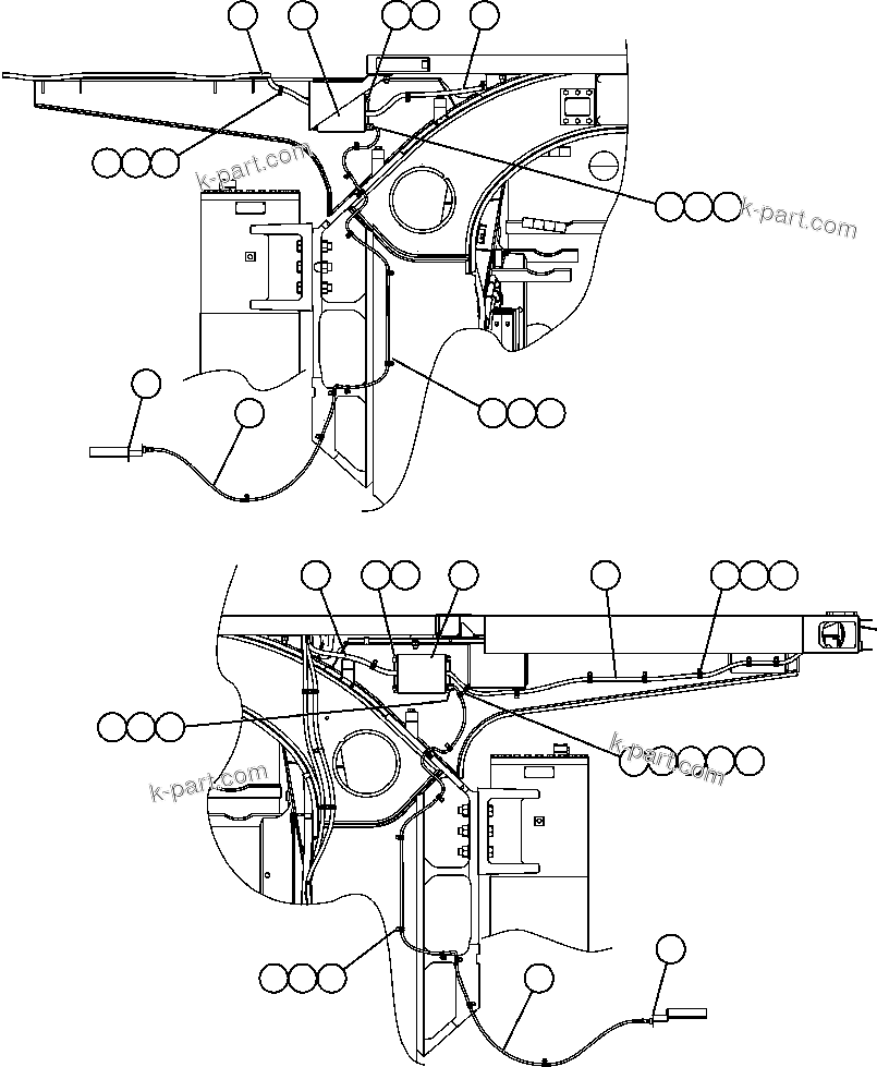 Komatsu parts book diagram for AFE59-BR 930E-4 S/N A30742     FORDING: POWER CABLE ROUTING (FRONT VIEW)