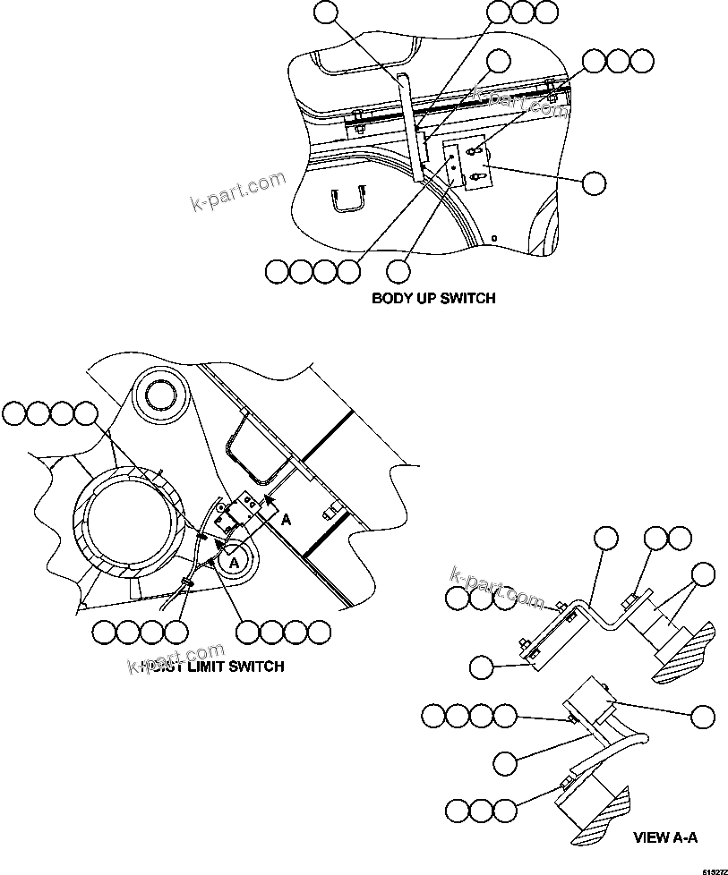 Komatsu parts book diagram for AFE59-CY 930E-4 S/N A30990 & A30991    HYCROFT: BODY UP & HOIST LIMIT SWITCH INSTALLATION