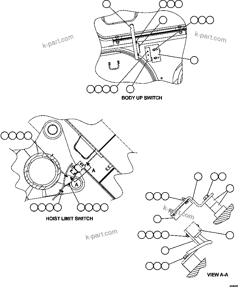 Komatsu parts book diagram for AFE59-EZ 930E-4 S/N A31527, A31539, A31541, A31553, A31555, A31563 & A31565  LOS PELAMBRES: BODY UP & HOIST LIMIT SWITCH INSTALLATION