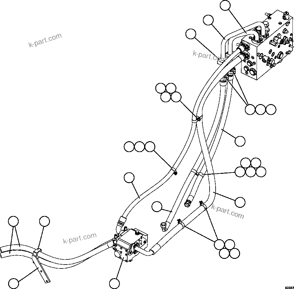 Komatsu parts book diagram for AFE59-EZ 930E-4 S/N A31527, A31539, A31541, A31553, A31555, A31563 & A31565  LOS PELAMBRES: STEERING SYSTEM PIPING   1/2