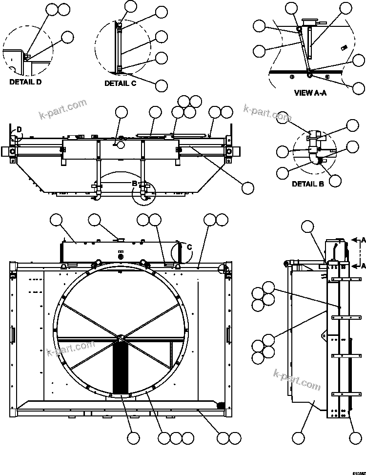 Komatsu parts book diagram for AFE59-FK 930E-4 S/N A31674 - A31676, A31685, A31687 & A31689  JWANENG: RADIATOR & SHROUD ASSEMBLY     PC2069