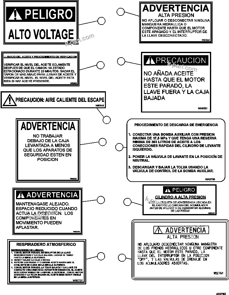 Komatsu parts book diagram for AFE59-FV 930E-4 S/N A31832 - A31834, A31838 - A31839 & A31847 - A31848  LOS BRONCES: DECALS & WARNINGS (SPANISH)     1/5