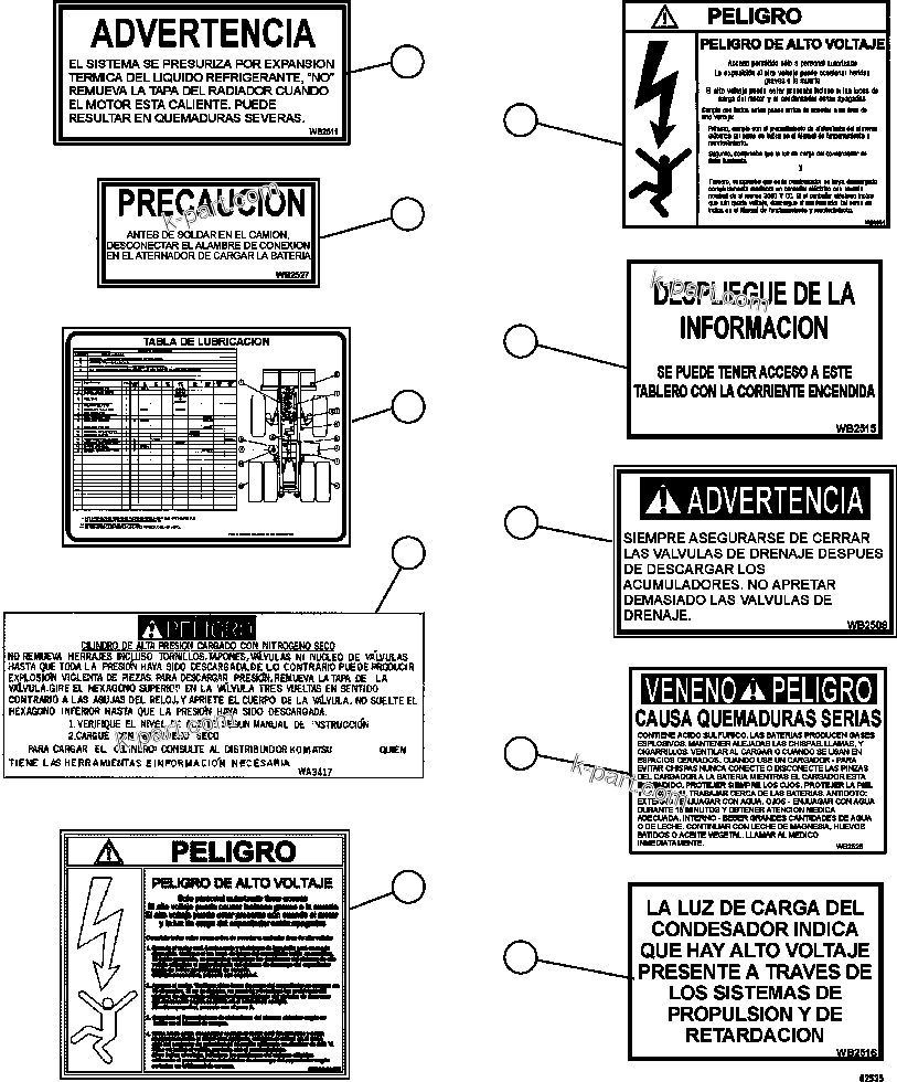 Komatsu parts book diagram for AFE59-FV 930E-4 S/N A31832 - A31834, A31838 - A31839 & A31847 - A31848  LOS BRONCES: DECALS & WARNINGS (SPANISH)     2/5