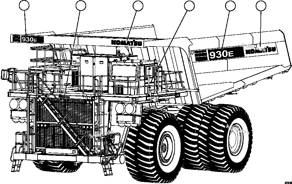 Komatsu parts book diagram for AFE59-FV 930E-4 S/N A31832 - A31834, A31838 - A31839 & A31847 - A31848  LOS BRONCES: DECALS & WARNINGS    5/5