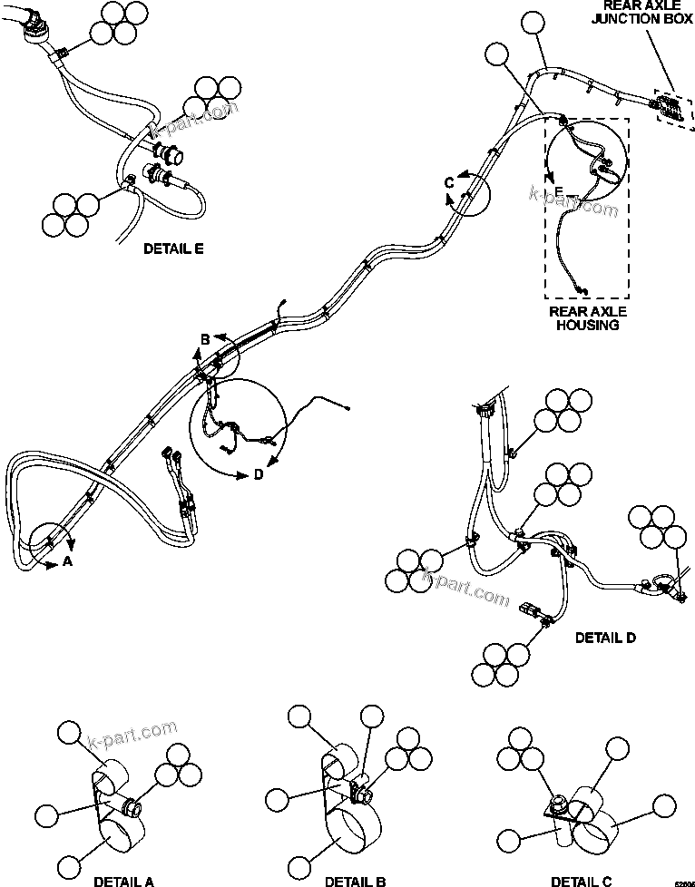 Komatsu parts book diagram for AFE59-FV 930E-4 S/N A31832 - A31834, A31838 - A31839 & A31847 - A31848  LOS BRONCES: RIGHT REAR FRAME RAIL HARNESSES