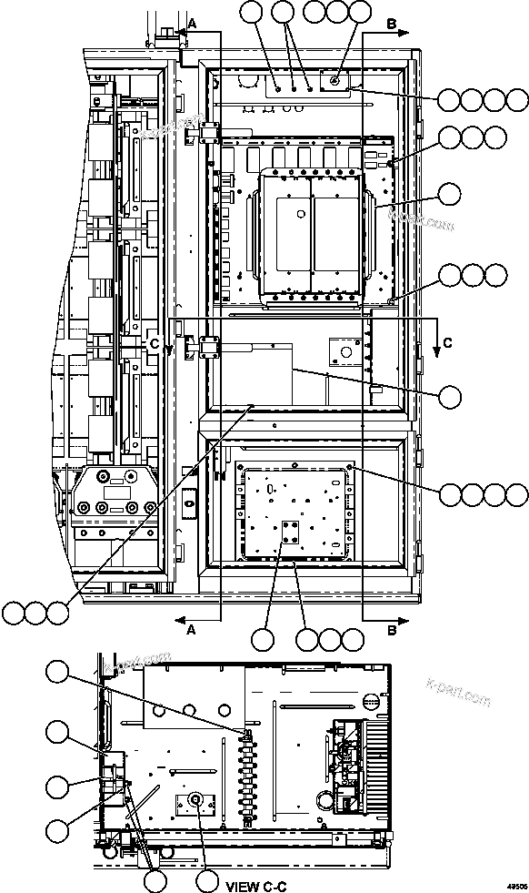 Komatsu parts book diagram for AFE59-FV 930E-4 S/N A31832 - A31834, A31838 - A31839 & A31847 - A31848  LOS BRONCES: CONTROL CABINET - LH COMPARTMENT 1/2  58F-43-00040