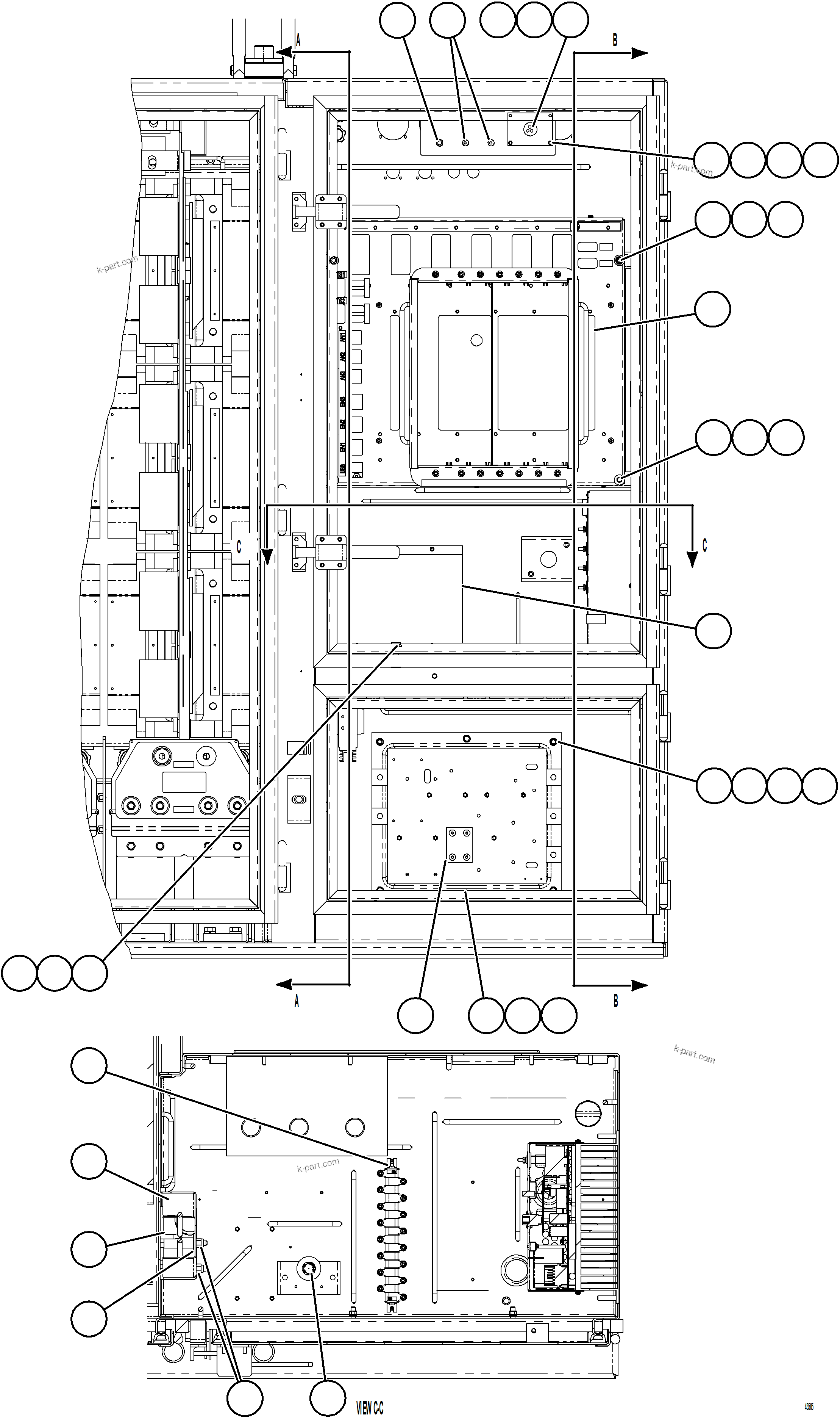 Komatsu parts book diagram for AFE59-FW 930E-4 S/N A31849 & A31860  CERREJON: CONTROL CABINET - LH COMPARTMENT 1/2  58F-43-00040