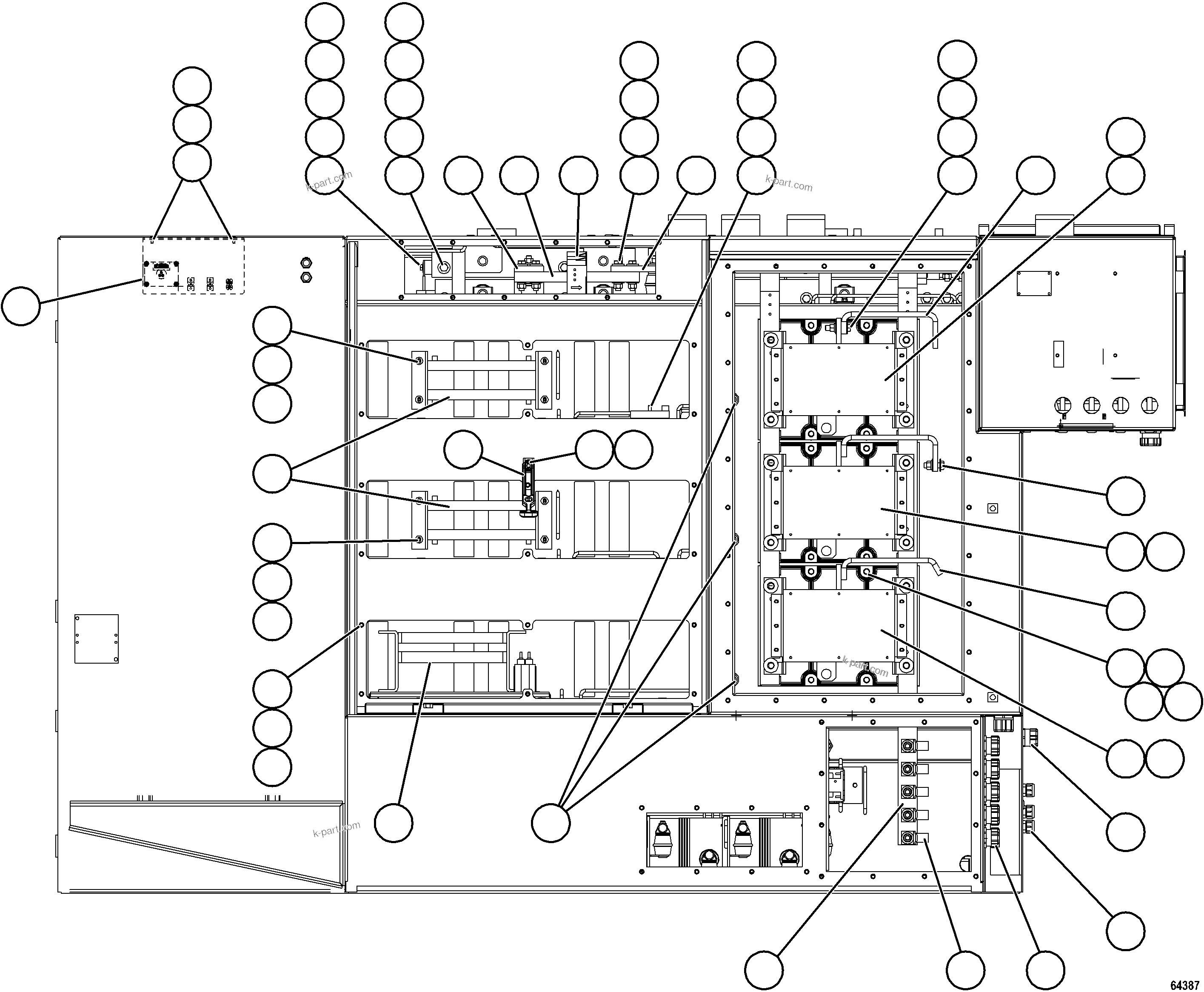 Komatsu parts book diagram for AFE59-FW 930E-4 S/N A31849 & A31860  CERREJON: CONTROL CABINET - REAR VIEW    58F-43-00040